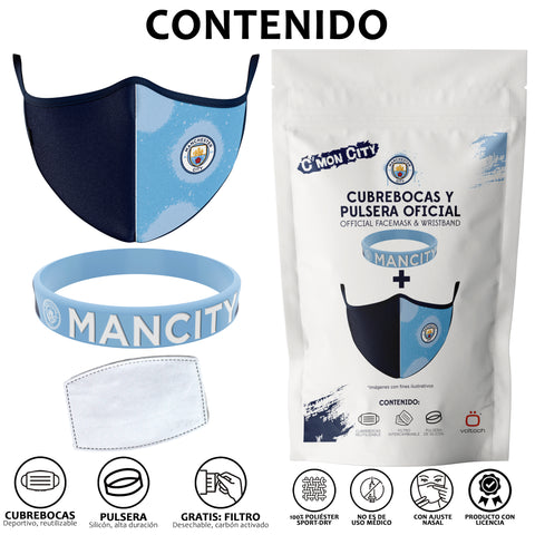 Cubrebocas + Pulsera Manchester City Oficial Cubrebocas + Pulsera Manchester City Oficial