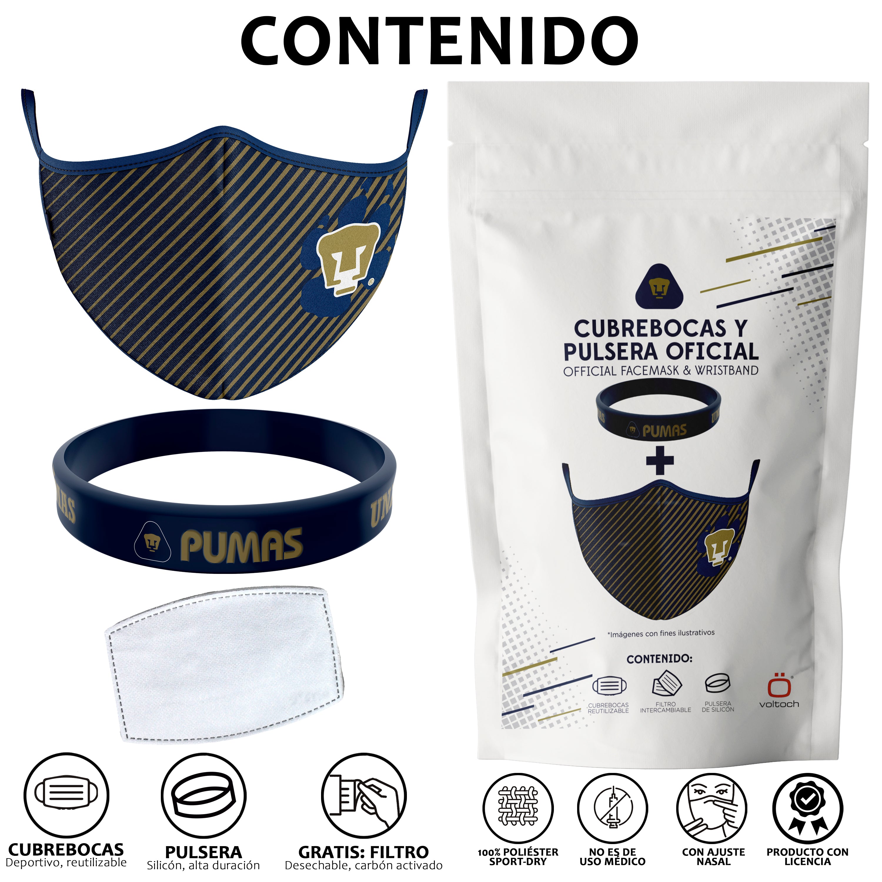 Cubrebocas + Pulsera Pumas Oficial